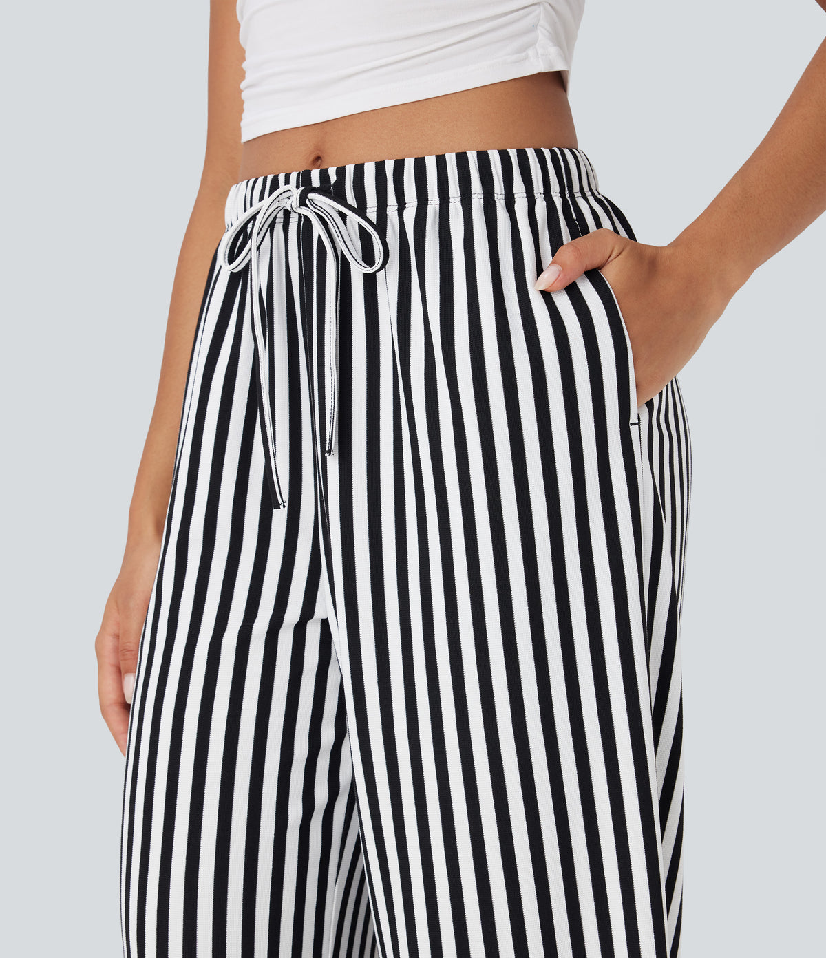 High Waisted Drawstring Stripe Waffle Wide Leg Trousers with Pockets — Black White Horizontal Stripe — view 4