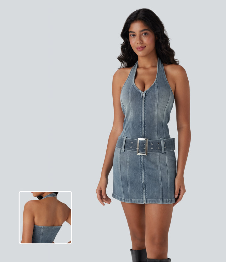 Halter Zipper Belted Bodycon Mini Washed Denim Casual Dress — Misty Blue Denim — view 1