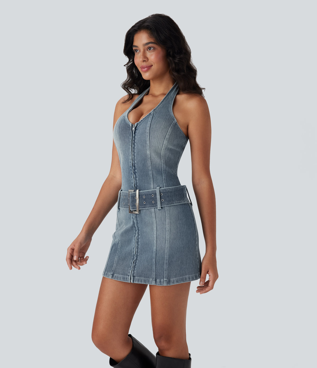 Halter Zipper Belted Bodycon Mini Washed Denim Casual Dress — Misty Blue Denim — view 3