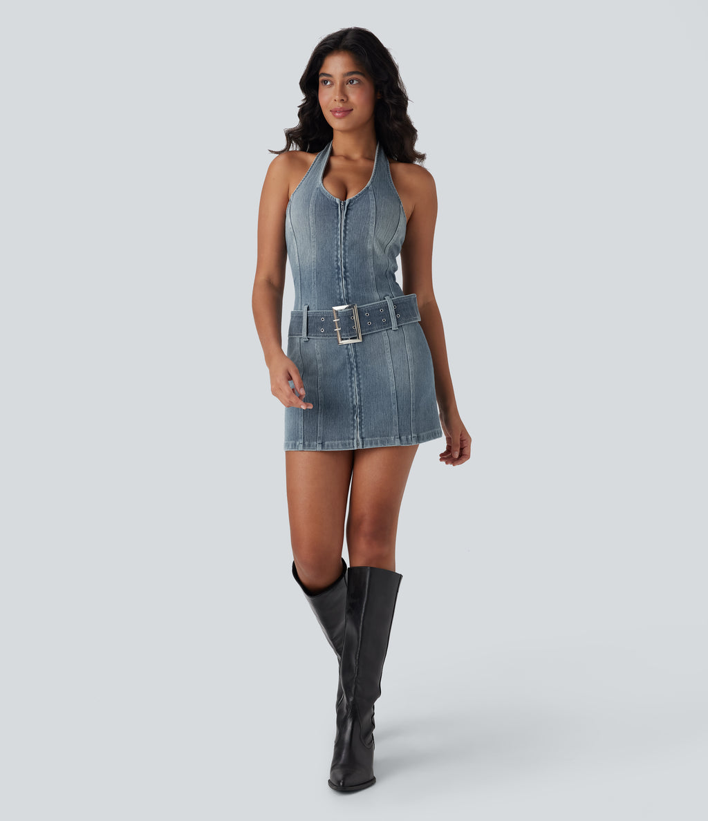 Halter Zipper Belted Bodycon Mini Washed Denim Casual Dress — Misty Blue Denim — view 6