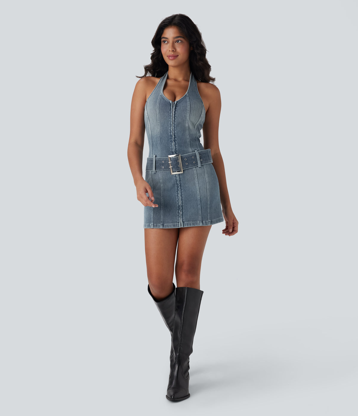 Halter Zipper Belted Bodycon Mini Washed Denim Casual Dress — Misty Blue Denim — view 6