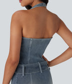 Halter Zipper Belted Bodycon Mini Washed Denim Casual Dress — Misty Blue Denim — view 4