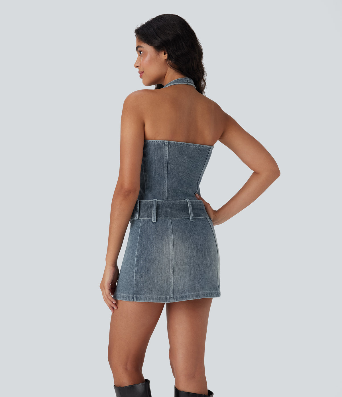 Halter Zipper Belted Bodycon Mini Washed Denim Casual Dress — Misty Blue Denim — view 2