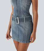 Halter Zipper Belted Bodycon Mini Washed Denim Casual Dress — Misty Blue Denim — view 5