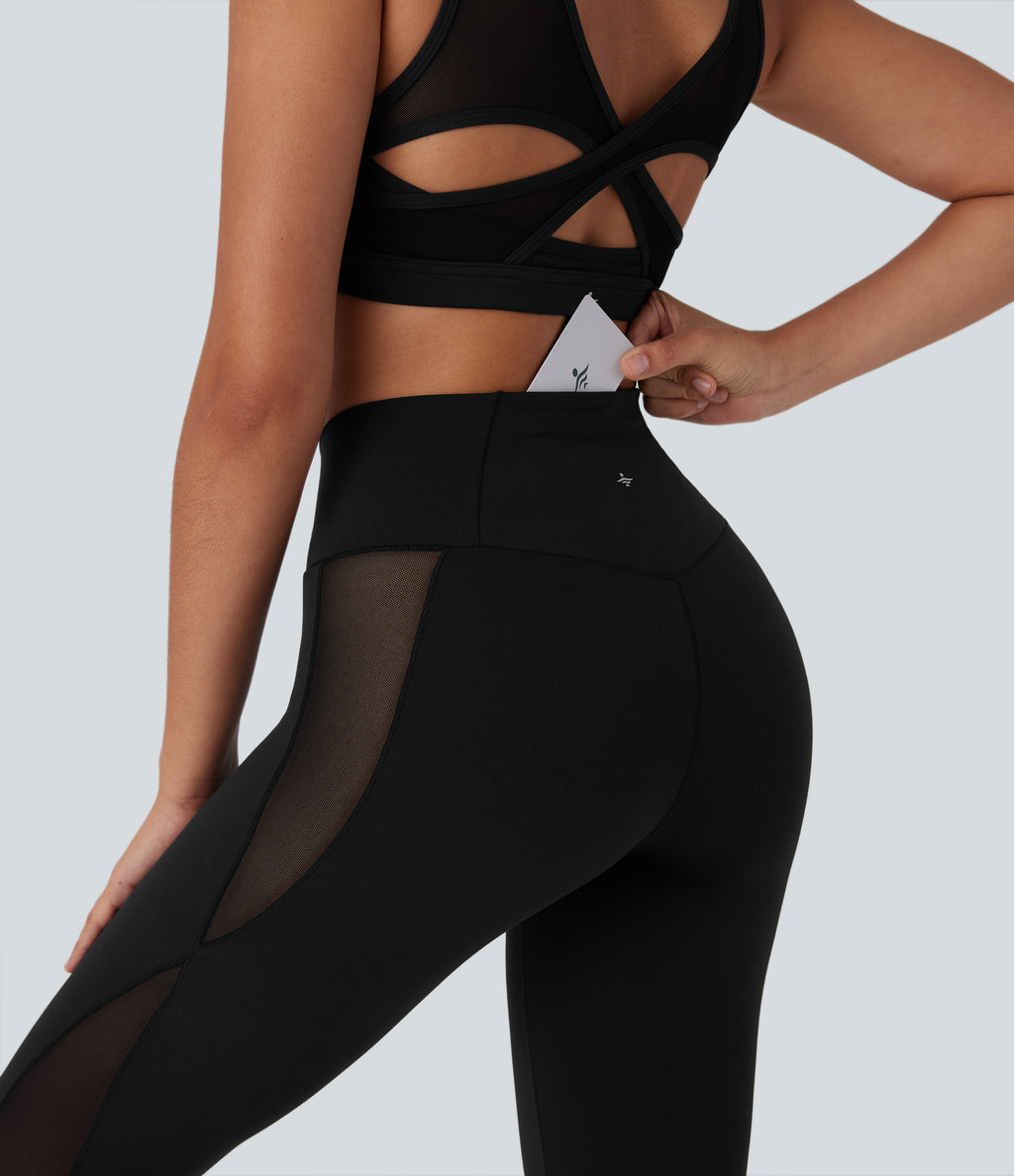 Crossover High Waisted Contrast Mesh Yoga Leggings with Pocket — Black — view 4