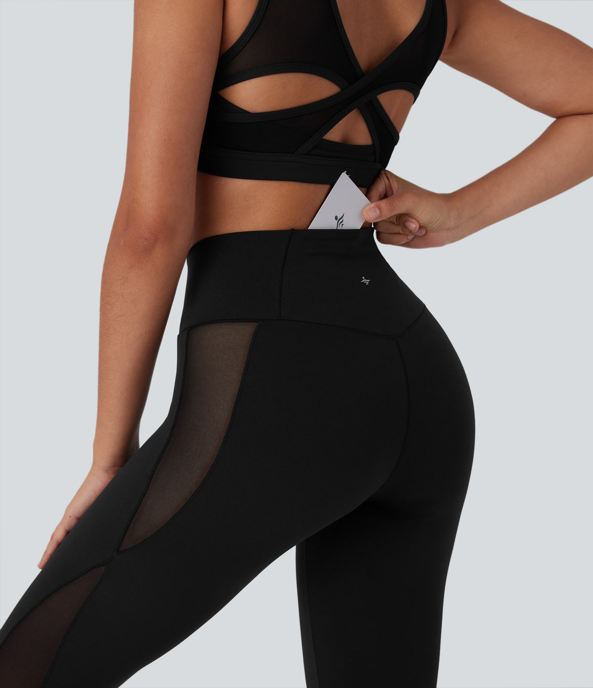 Crossover High Waisted Contrast Mesh Yoga Leggings with Pocket — Black — view 4