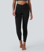 Crossover High Waisted Contrast Mesh Yoga Leggings with Pocket — Black — view 3