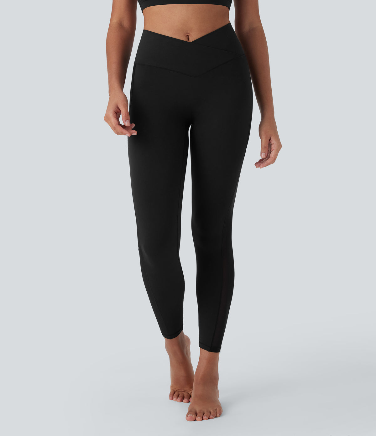 Crossover High Waisted Contrast Mesh Yoga Leggings with Pocket — Black — view 3