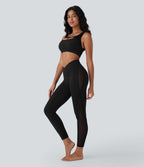 Crossover High Waisted Contrast Mesh Yoga Leggings with Pocket — Black — view 7