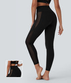 Crossover High Waisted Contrast Mesh Yoga Leggings with Pocket — Black — view 1