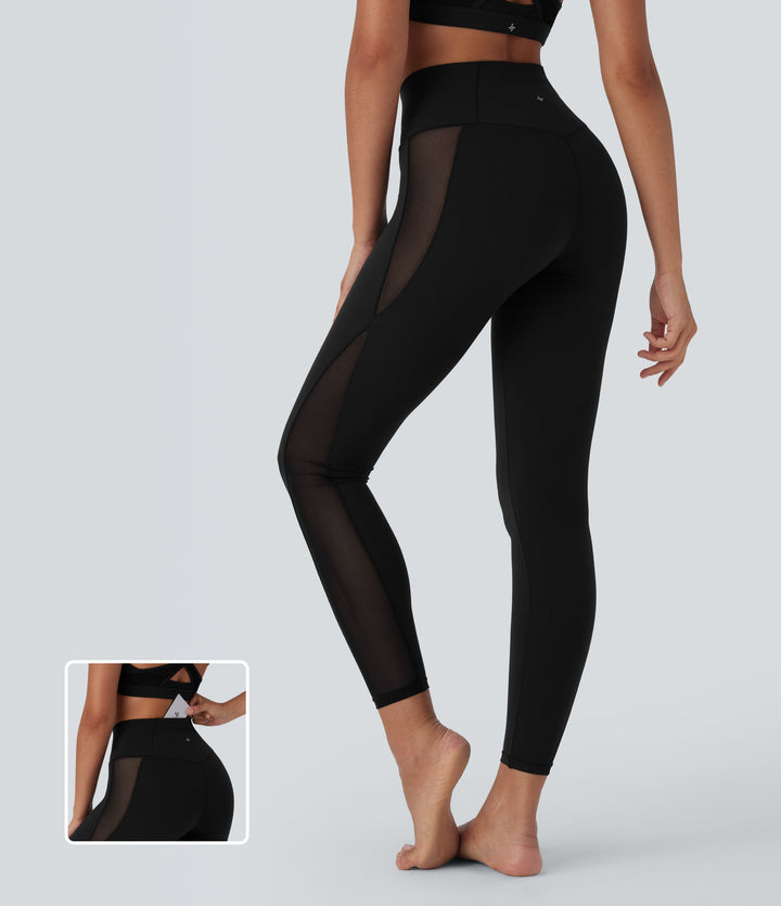 Crossover High Waisted Contrast Mesh Yoga Leggings with Pocket — Black — view 1