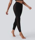 Crossover High Waisted Contrast Mesh Yoga Leggings with Pocket — Black — view 2