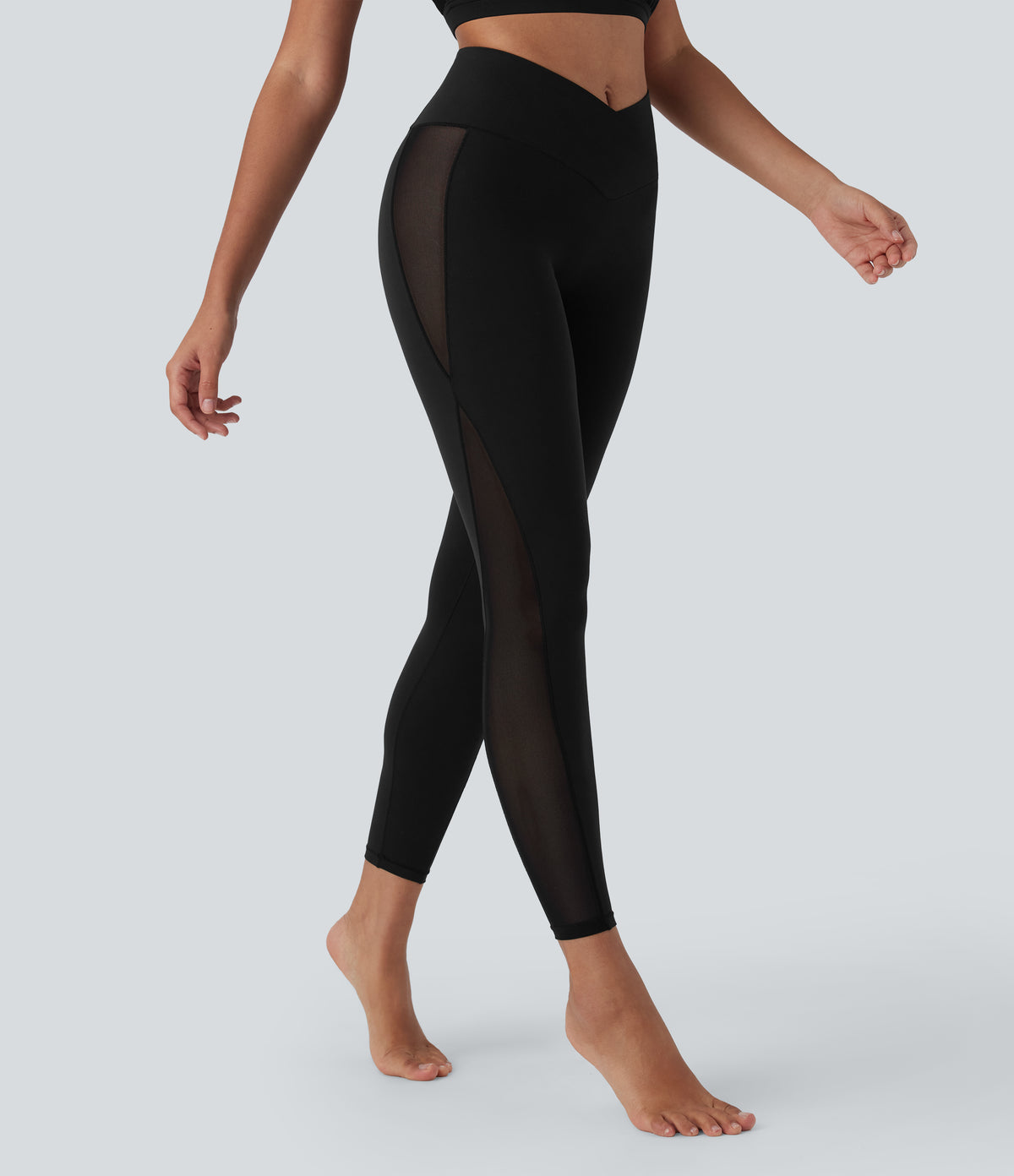 Crossover High Waisted Contrast Mesh Yoga Leggings with Pocket — Black — view 2