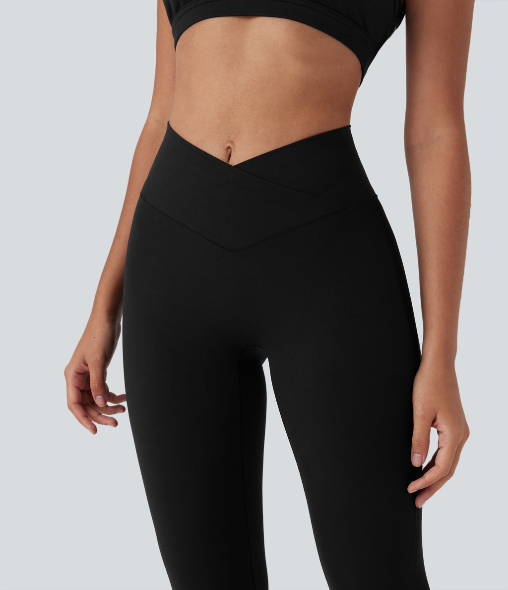 Crossover High Waisted Contrast Mesh Yoga Leggings with Pocket — Black — view 6