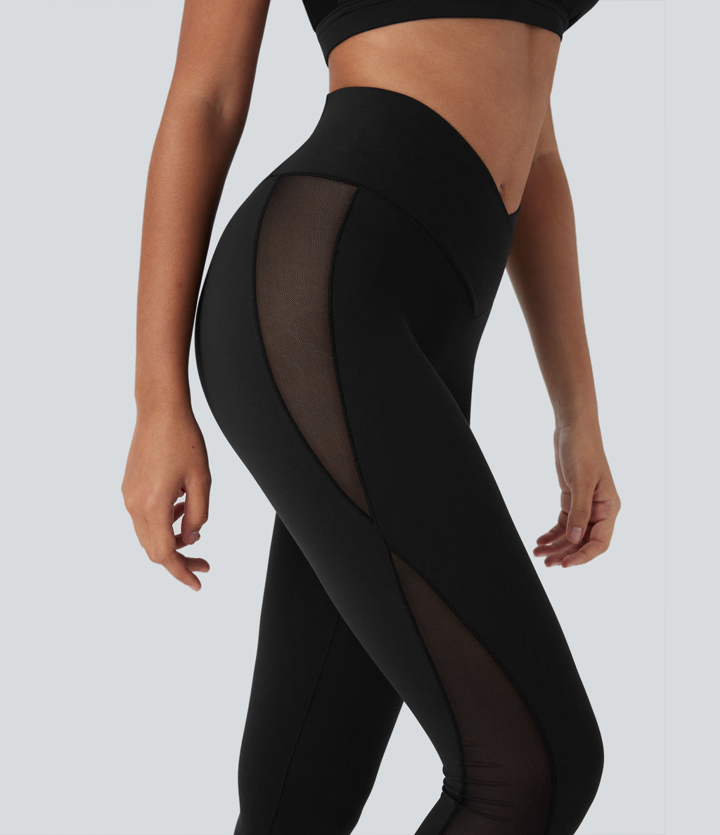 Crossover High Waisted Contrast Mesh Yoga Leggings with Pocket — Black — view 5