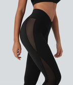 Crossover High Waisted Contrast Mesh Yoga Leggings with Pocket — Black — view 5