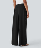 High Waisted Wide Leg Casual Trousers with Pockets — Black — view 2