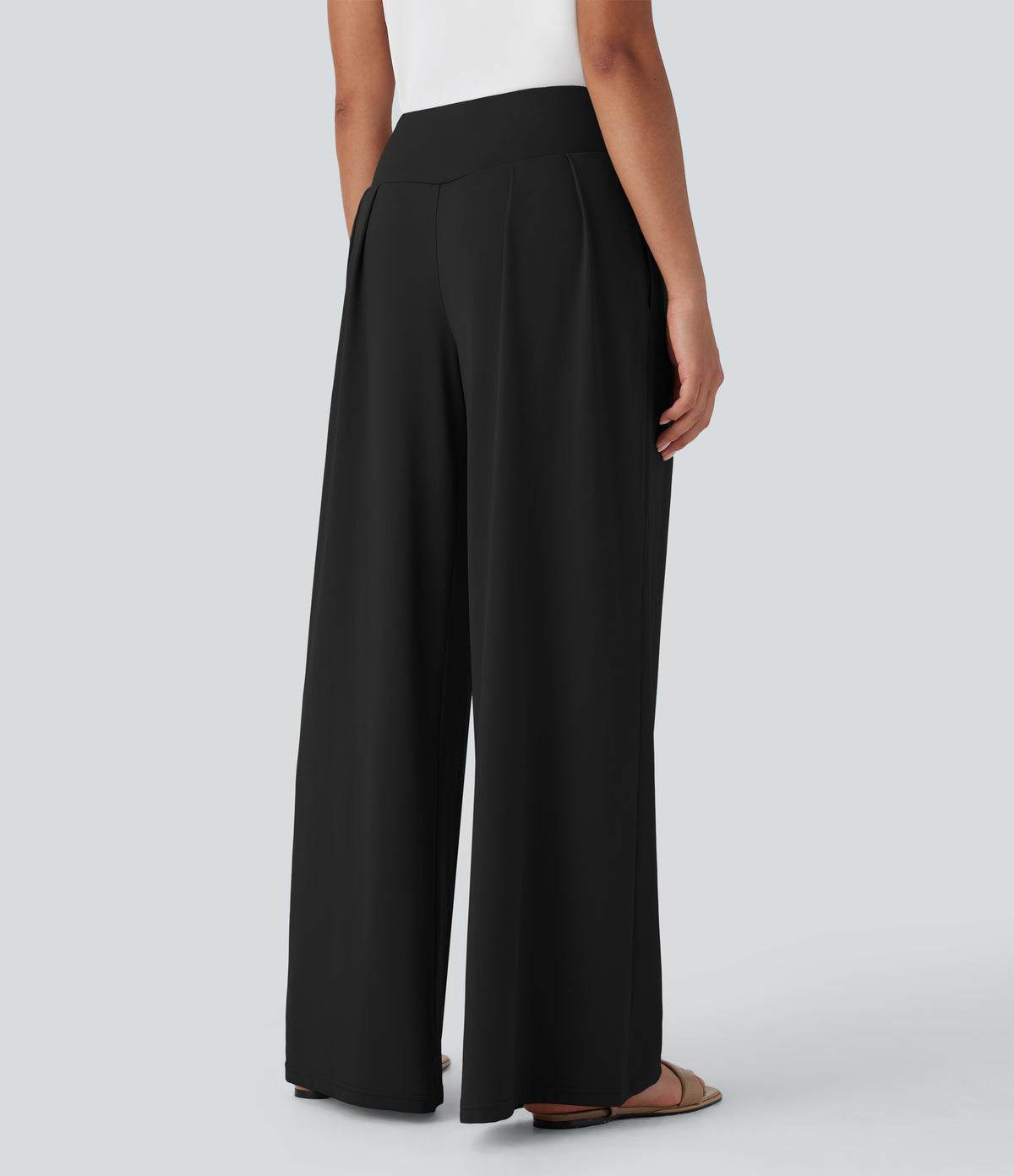 High Waisted Wide Leg Casual Trousers with Pockets — Black — view 2