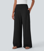High Waisted Wide Leg Casual Trousers with Pockets — Black — view 3