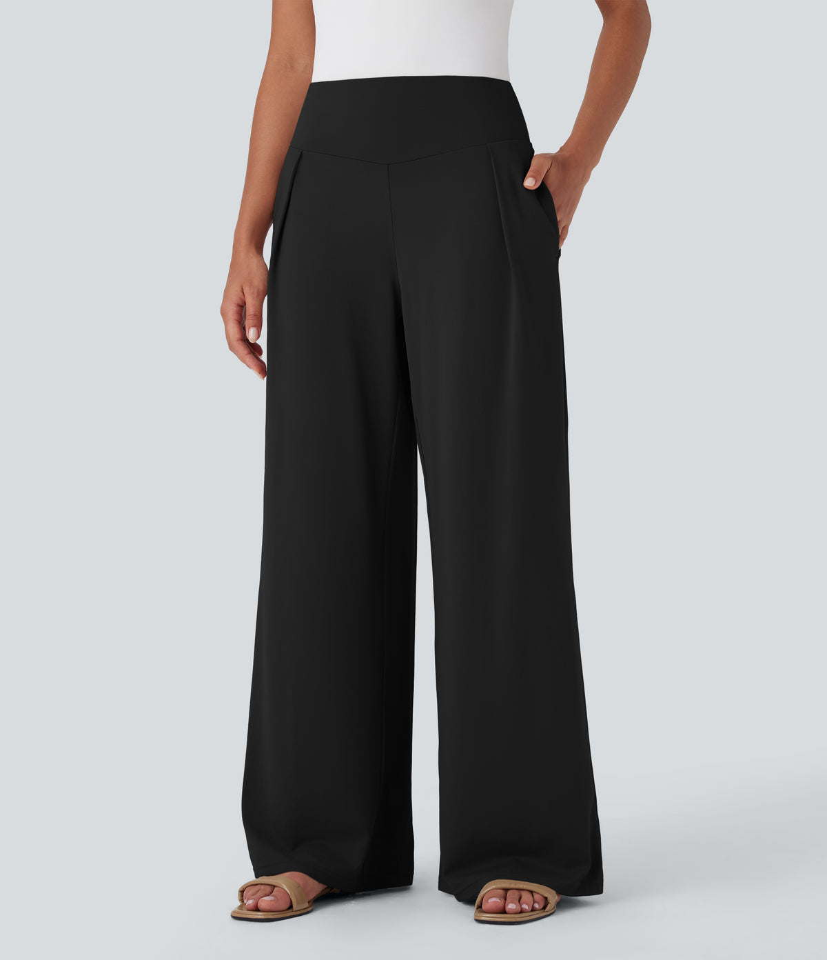 High Waisted Wide Leg Casual Trousers with Pockets — Black — view 3