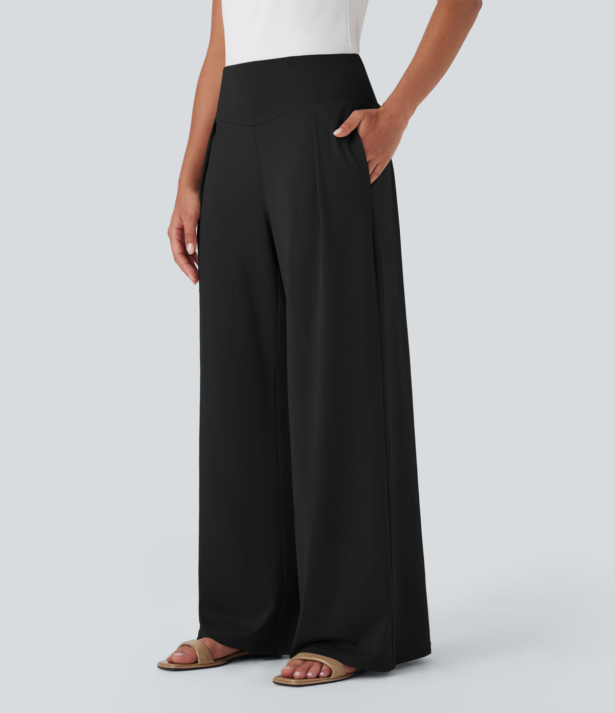 High Waisted Wide Leg Casual Trousers with Pockets — Black — view 1