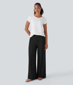 High Waisted Wide Leg Casual Trousers with Pockets — Black — view 6