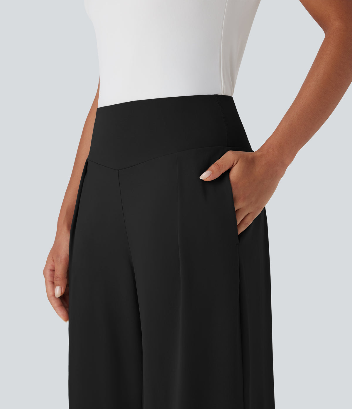 High Waisted Wide Leg Casual Trousers with Pockets — Black — view 5