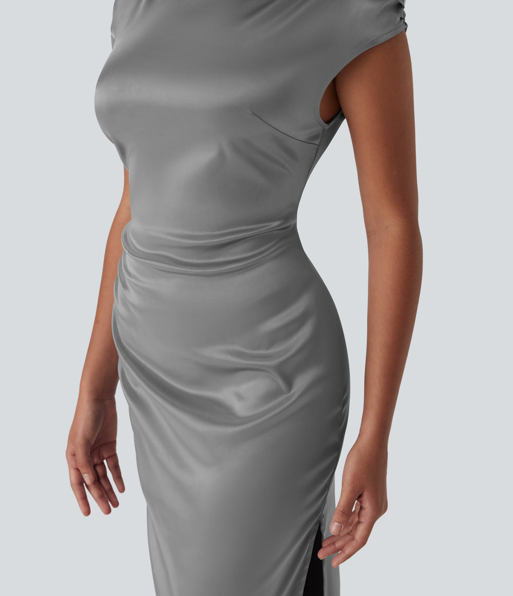Boat Neck Cap Sleeve Invisible Zipper Ruched Split Satin Party Dress — Alloy — view 6