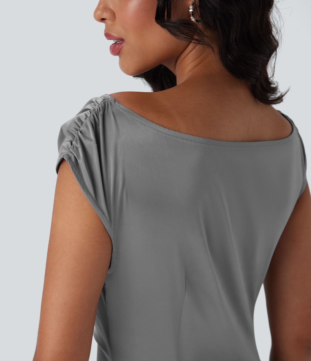 Boat Neck Cap Sleeve Invisible Zipper Ruched Split Satin Party Dress — Alloy — view 4