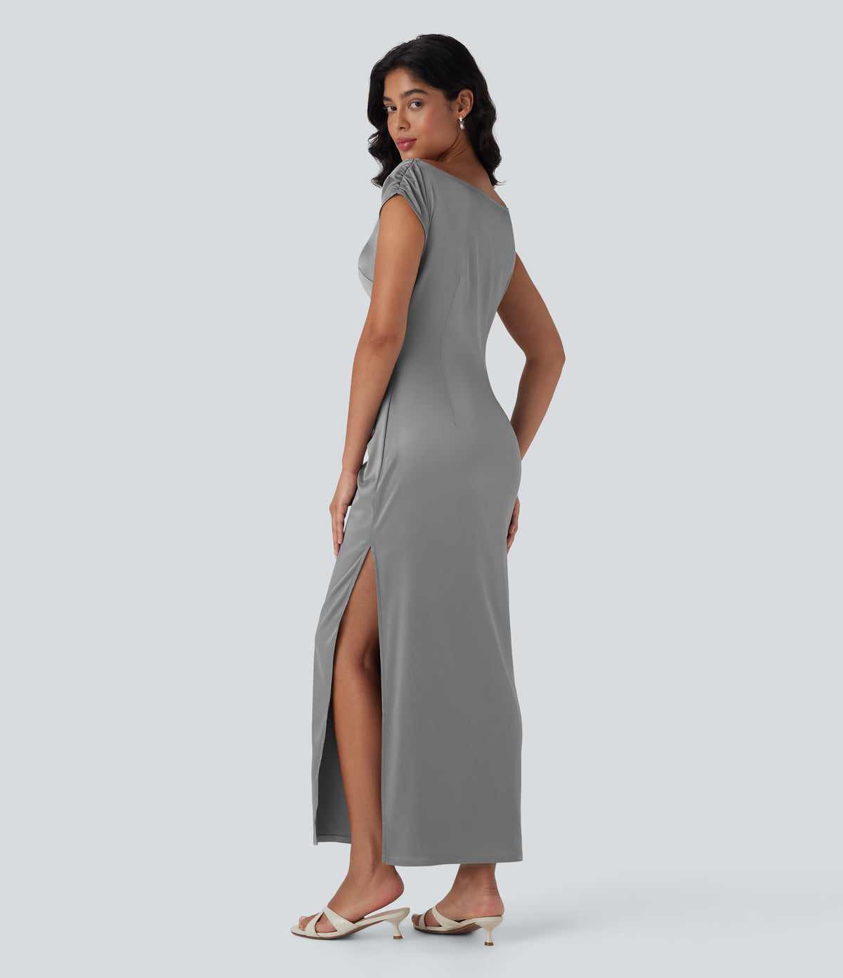 Boat Neck Cap Sleeve Invisible Zipper Ruched Split Satin Party Dress — Alloy — view 2