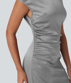 Boat Neck Cap Sleeve Invisible Zipper Ruched Split Satin Party Dress — Alloy — view 5