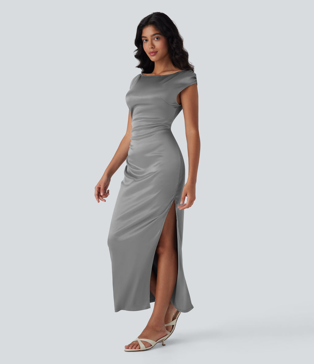 Boat Neck Cap Sleeve Invisible Zipper Ruched Split Satin Party Dress — Alloy — view 3