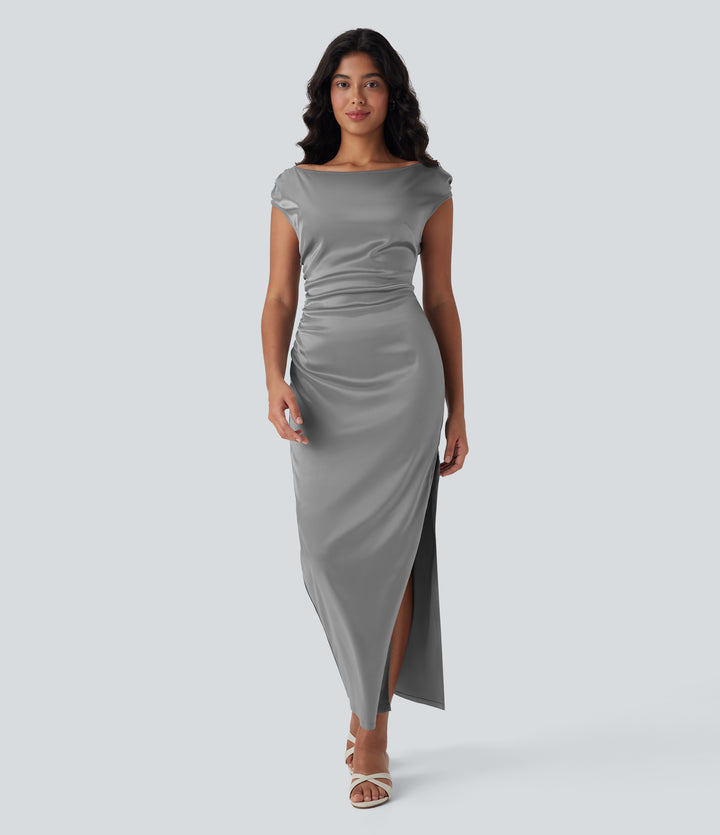 Boat Neck Cap Sleeve Invisible Zipper Ruched Split Satin Party Dress — Alloy — view 1