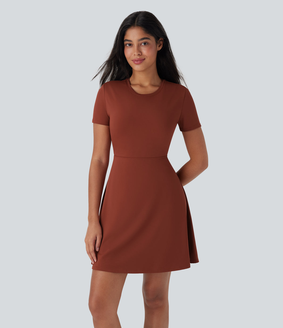 Cut Out Flare Mini Dance Active Dress D-F Cups — Brandy Brown — view 2