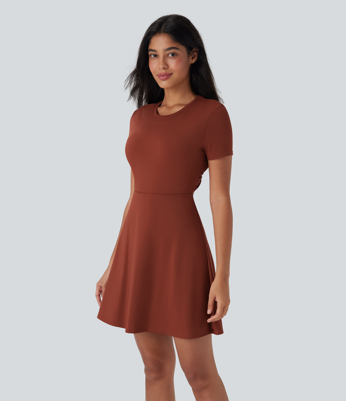 Cut Out Flare Mini Dance Active Dress D-F Cups — Brandy Brown — view 3