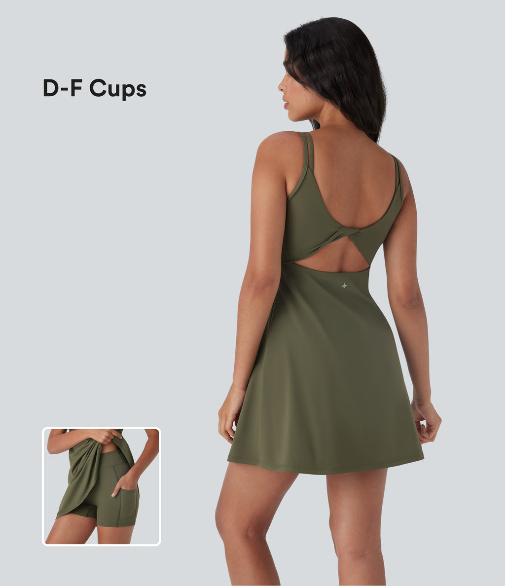 Plush Double Straps 2-Piece Pockets Slip Dance Active Dress D-F Cups — Grass Grey Green — view 1