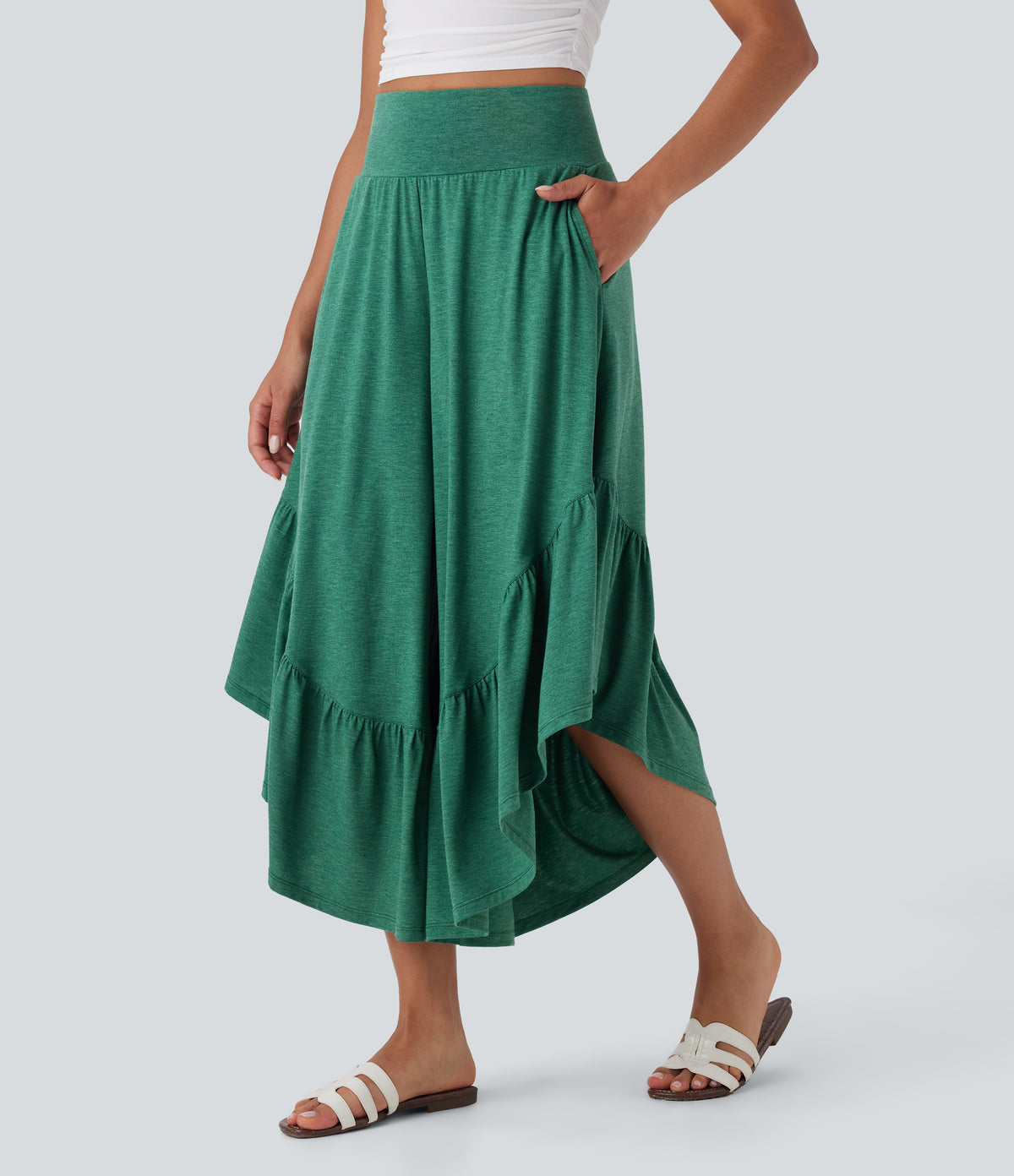 High Waisted Ruffle Hem Casual Super Flared Trousers with Pockets — Emerald Floral Yarn — view 2