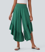 High Waisted Ruffle Hem Casual Super Flared Trousers with Pockets — Emerald Floral Yarn — view 3