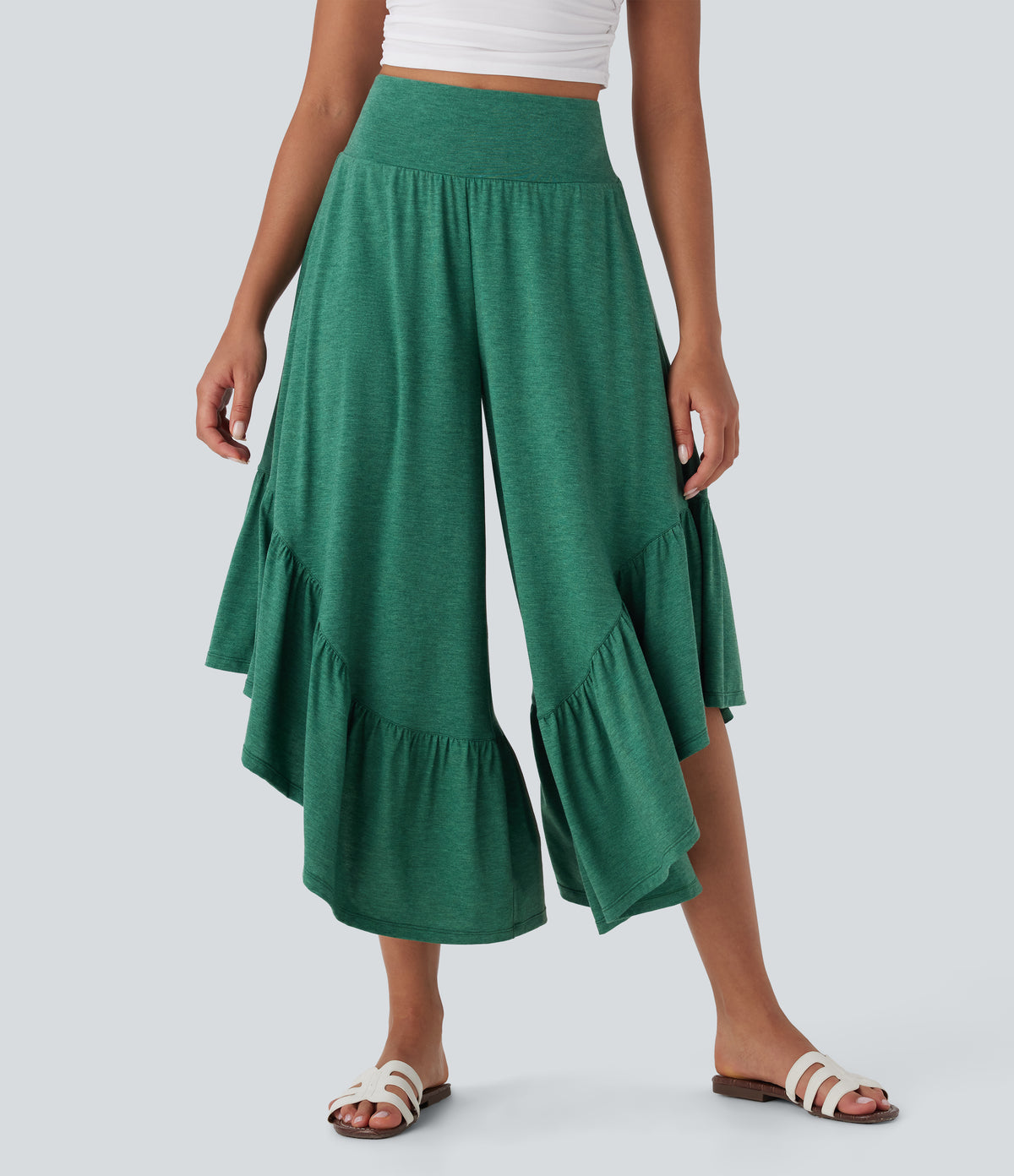 High Waisted Ruffle Hem Casual Super Flared Trousers with Pockets — Emerald Floral Yarn — view 3