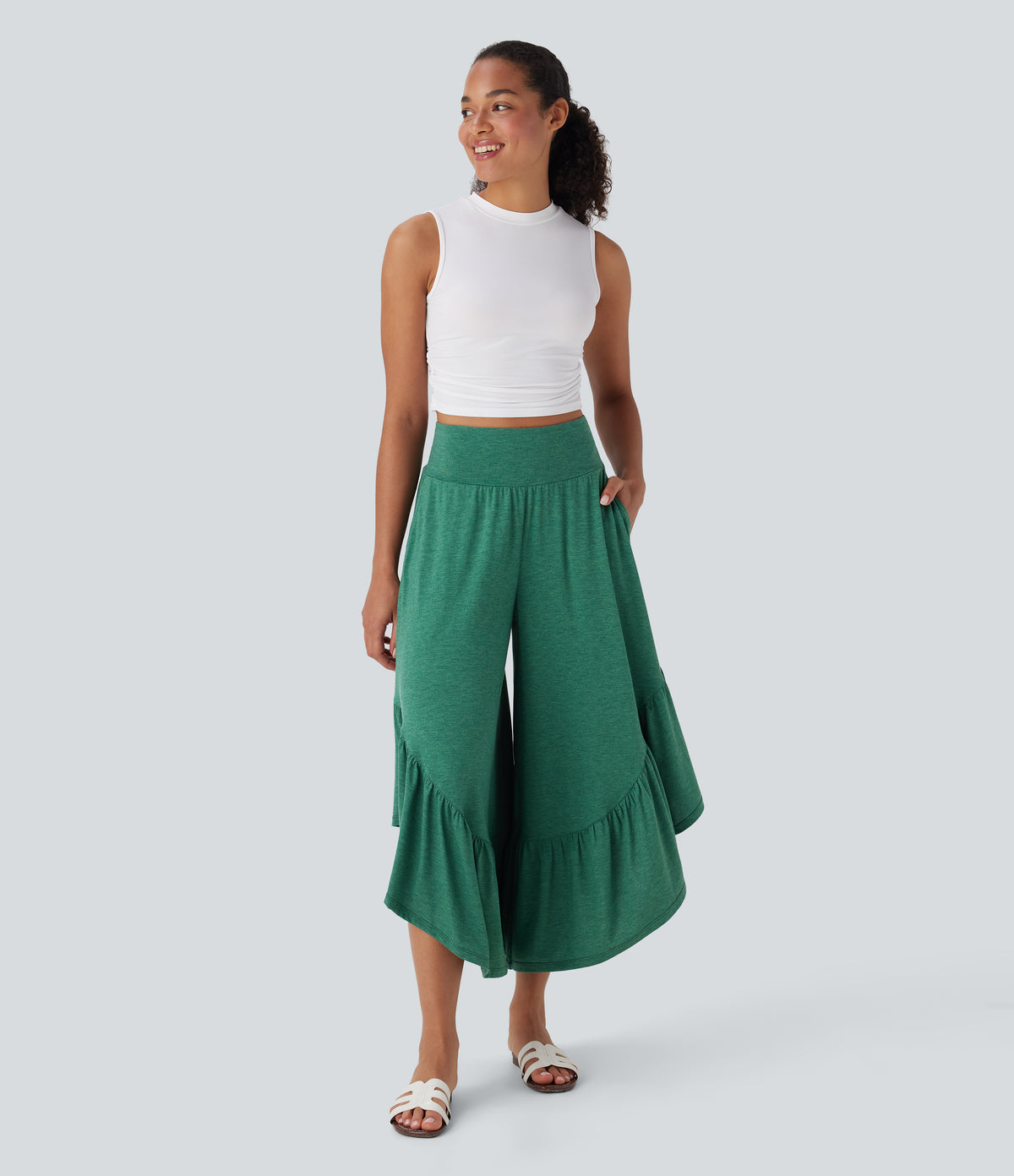 High Waisted Ruffle Hem Casual Super Flared Trousers with Pockets — Emerald Floral Yarn — view 6