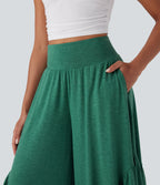 High Waisted Ruffle Hem Casual Super Flared Trousers with Pockets — Emerald Floral Yarn — view 4