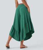 High Waisted Ruffle Hem Casual Super Flared Trousers with Pockets — Emerald Floral Yarn — view 1