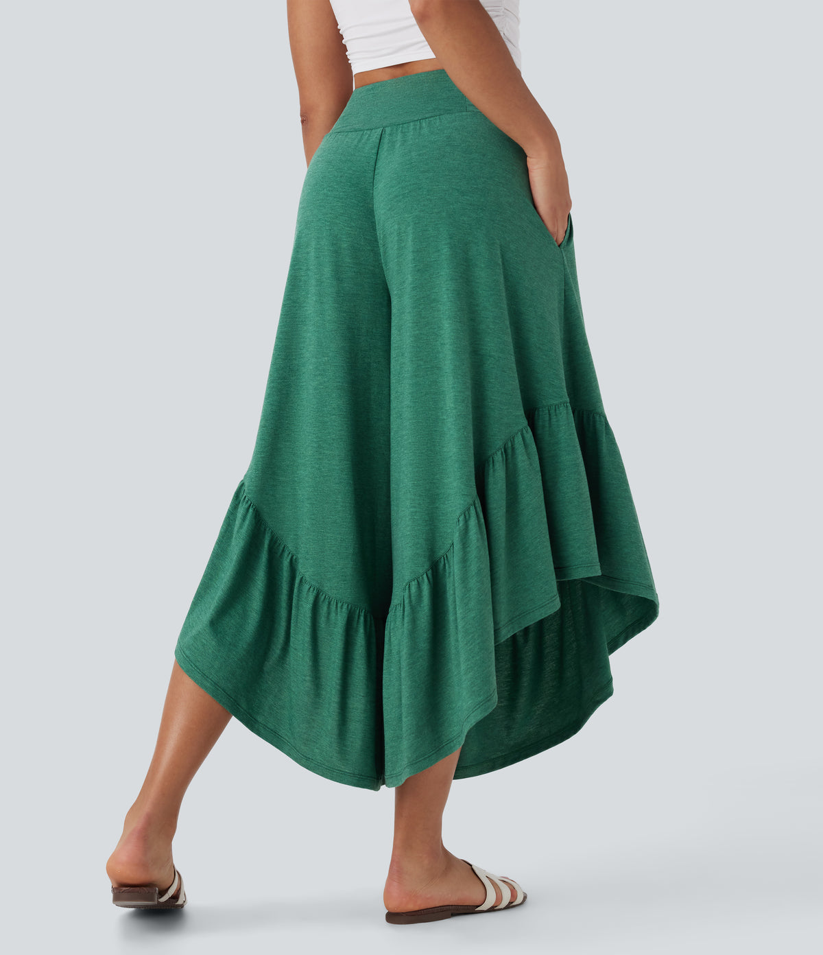 High Waisted Ruffle Hem Casual Super Flared Trousers with Pockets — Emerald Floral Yarn — view 1