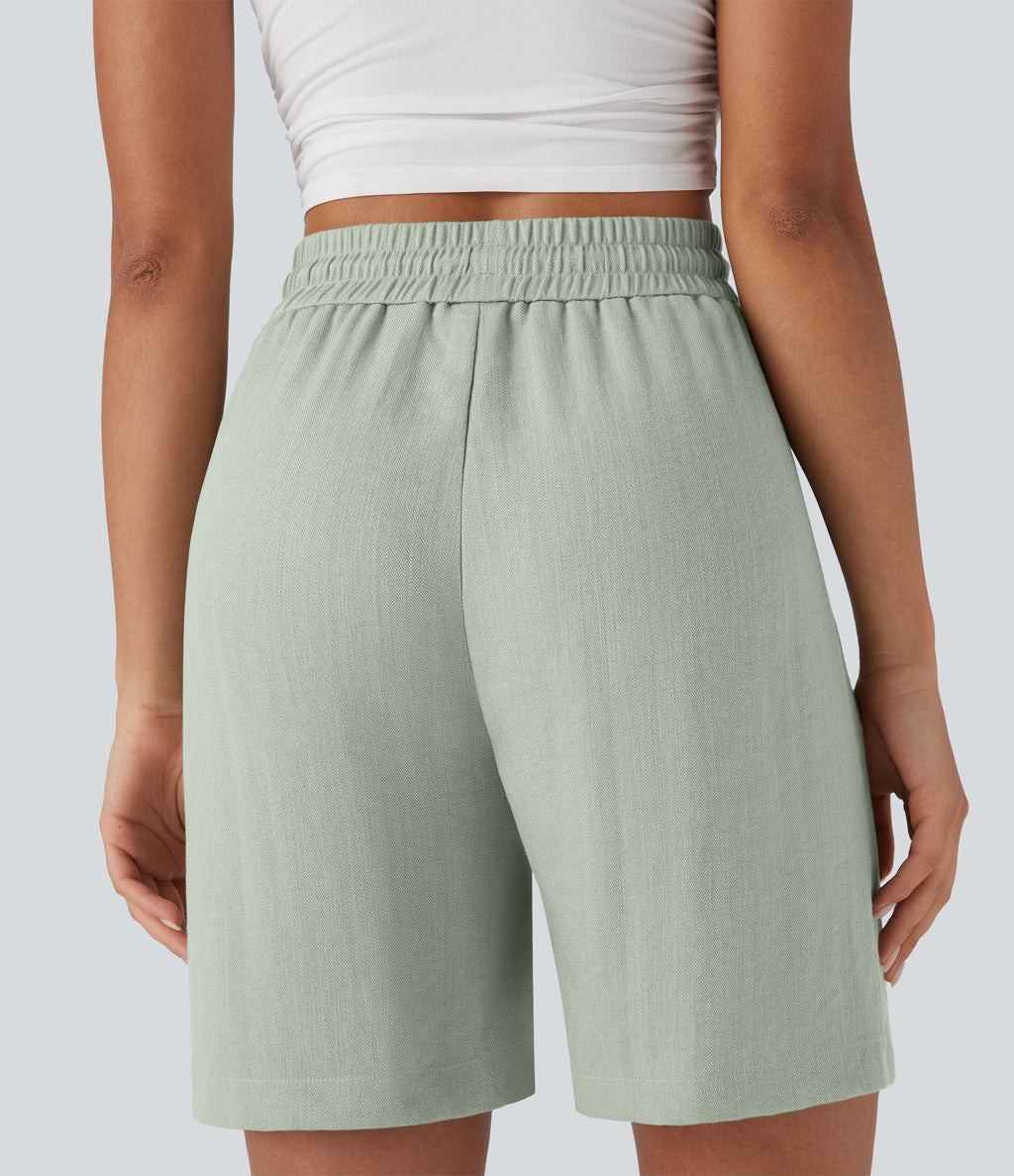 High Waisted Drawstring Casual Linen-Feel Shorts with Pockets — Pale Aqua — view 5