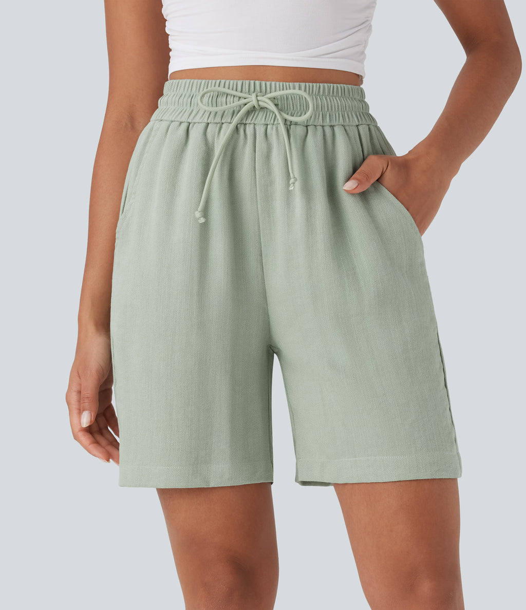 High Waisted Drawstring Casual Linen-Feel Shorts with Pockets — Pale Aqua — view 1