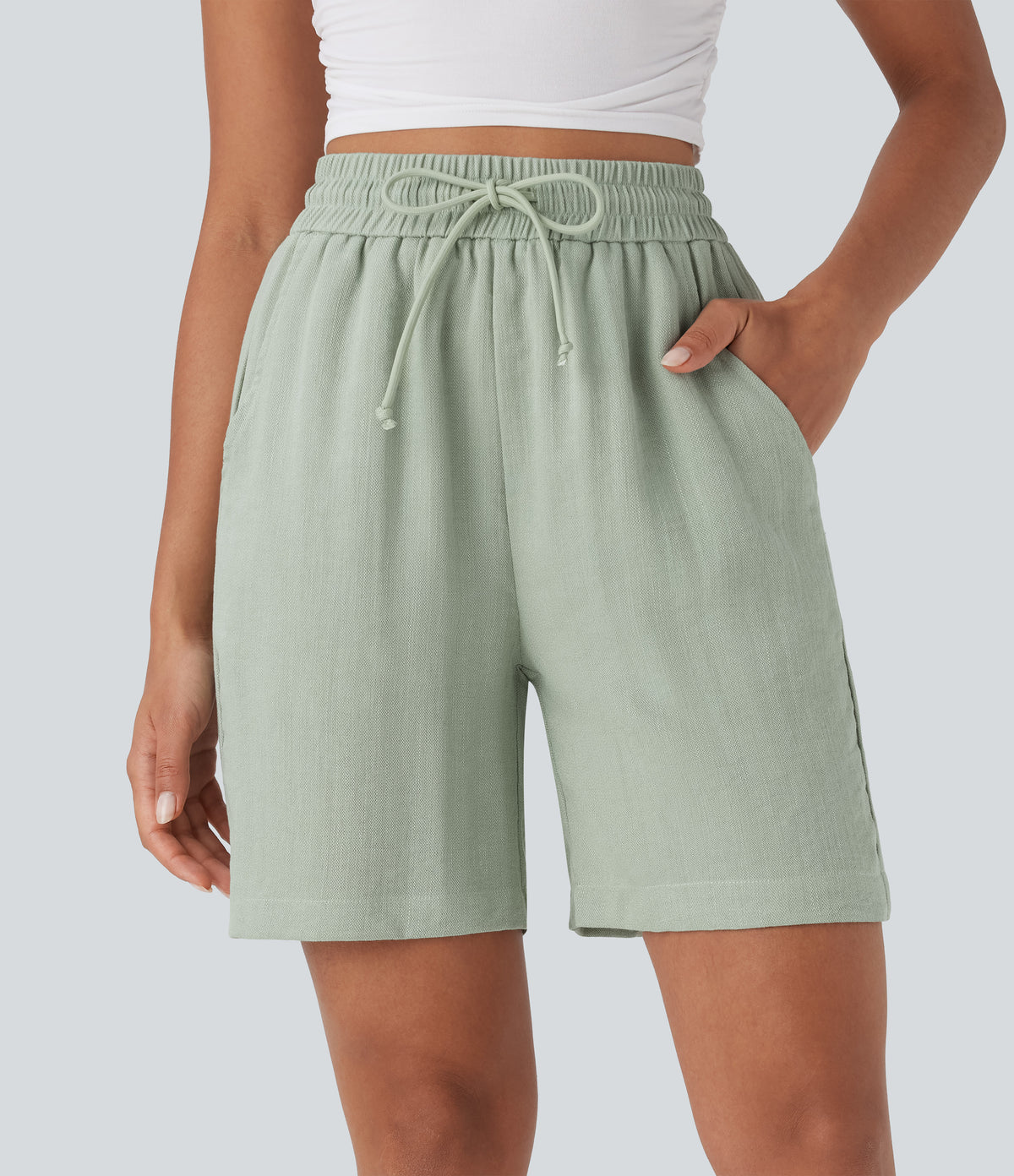 High Waisted Drawstring Casual Linen-Feel Shorts with Pockets — Pale Aqua — view 1