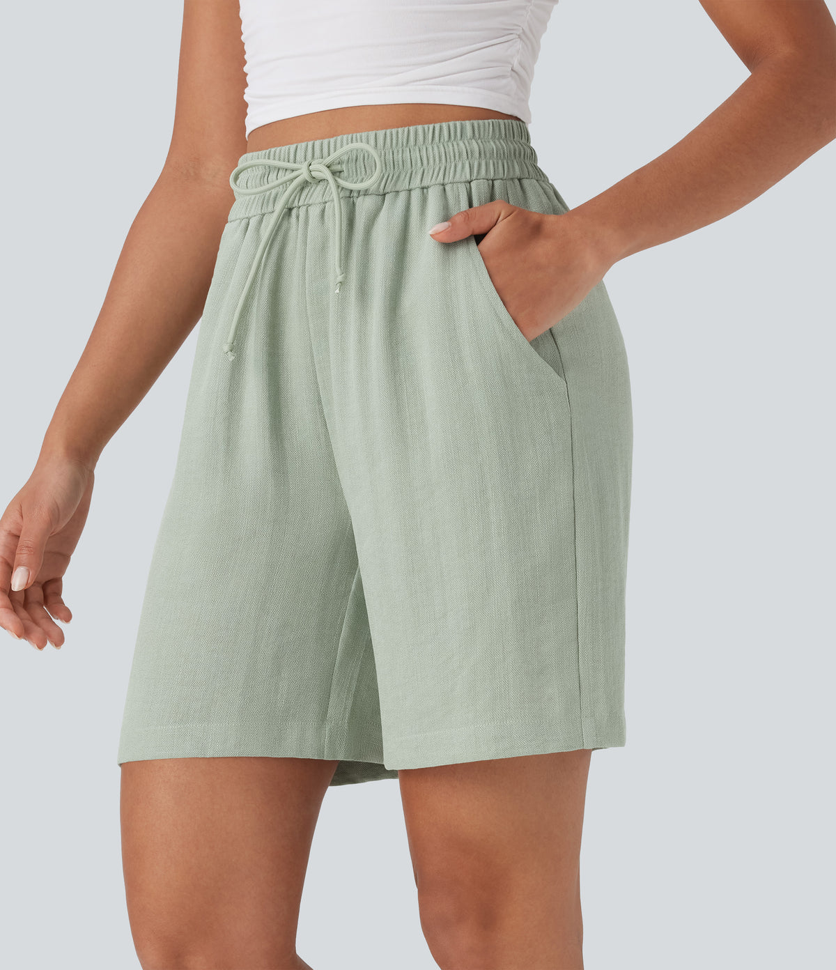 High Waisted Drawstring Casual Linen-Feel Shorts with Pockets — Pale Aqua — view 6