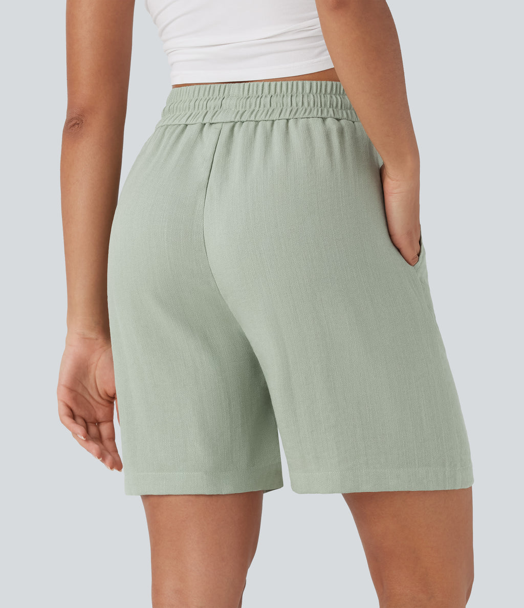 High Waisted Drawstring Casual Linen-Feel Shorts with Pockets — Pale Aqua — view 3