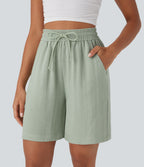 High Waisted Drawstring Casual Linen-Feel Shorts with Pockets — Pale Aqua — view 4