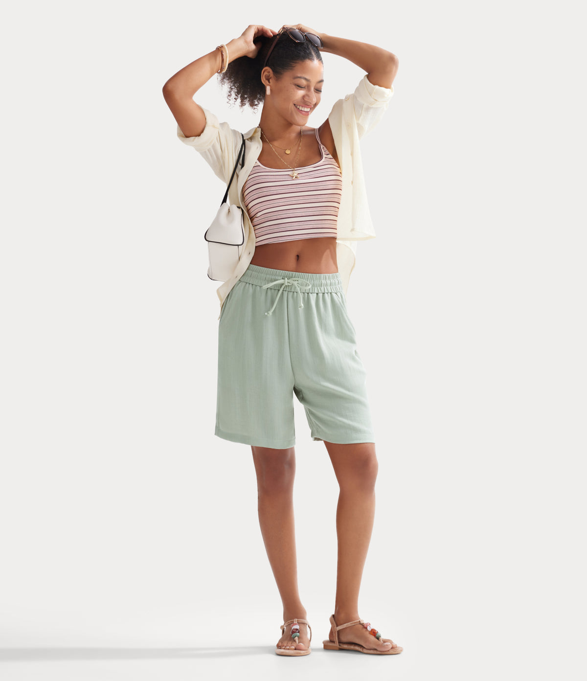 High Waisted Drawstring Casual Linen-Feel Shorts with Pockets — Pale Aqua — view 2